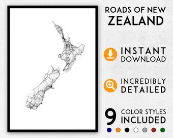 Roads of New Zealand map print, New Zealand print, New Zealand city map, New Zealand poster, New Zealand wall art, Map of New Zealand