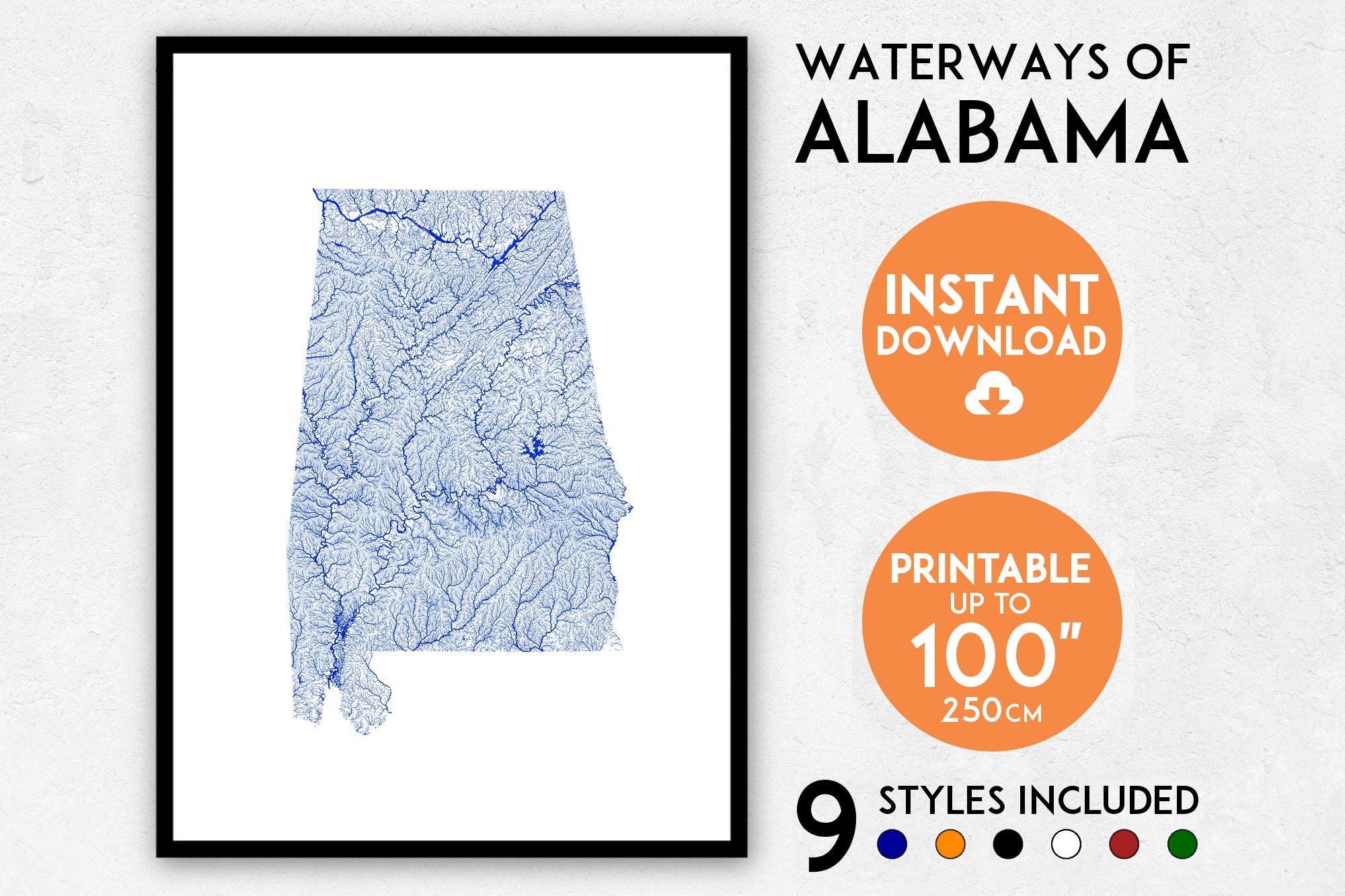 Alabama Rivers Map Art Print: Detailed USA Wall Art (digital Download ...