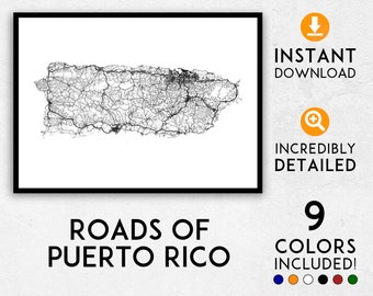 Detailed Puerto Rico Road Map Art Print (Digital Download)
