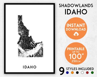 Impresión del mapa de Shadowlands, Idaho: Arte topográfico mural (descarga digital)