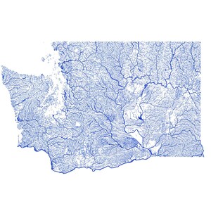 May include: A blue line map of the rivers and waterways in the state of Washington.