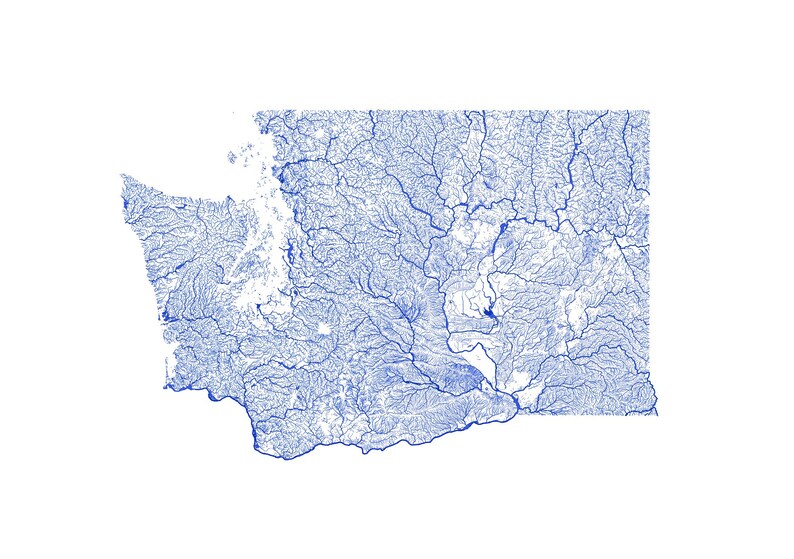May include: A blue line map of the rivers and waterways in the state of Washington.