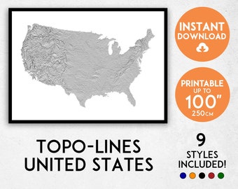 Topo-lines USA map print, USA print, USA wall art, United States map, United States print, Map of America print, America map, America art