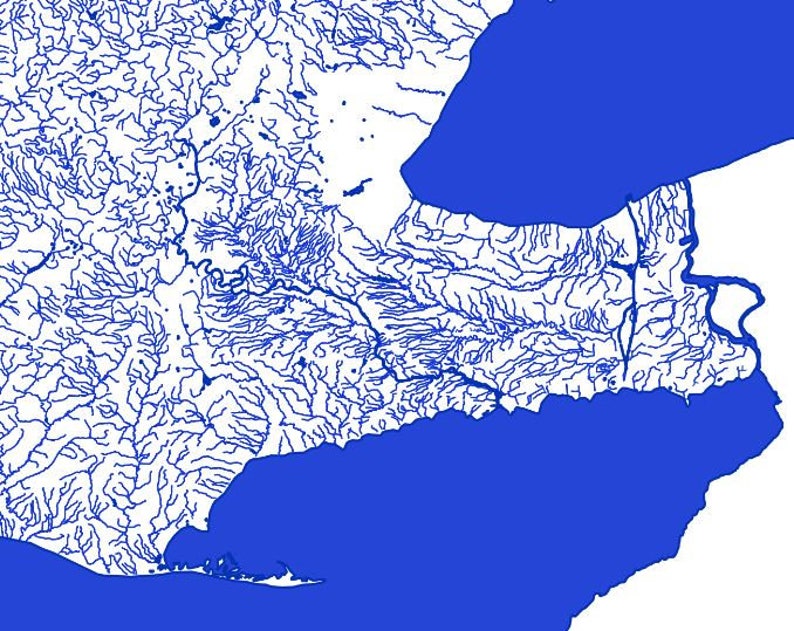 Peut inclure: Une carte d'un r&eacute;seau fluvial avec de l'eau bleue et des terres blanches. Le r&eacute;seau fluvial est situ&eacute; pr&egrave;s d'une grande &eacute;tendue d'eau, peut-&ecirc;tre un oc&eacute;an ou un grand lac.