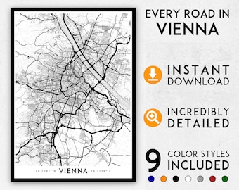 Gedetailleerde kunstdruk stadskaart Wenen: muurkunst Oostenrijk (digitale download)