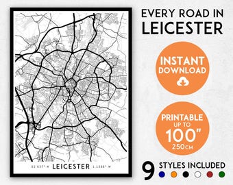 Leicester map print, Leicester print, Leicester city map, Leicester poster, Leicester wall art, Map of Leicester, Leicester art print