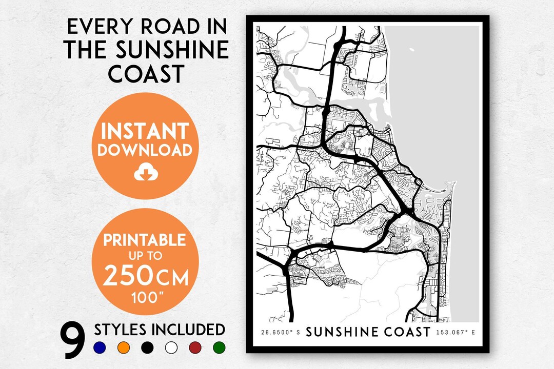 Sunshine Coast Map Print, Printable Sunshine Coast Map Art, Sunshine