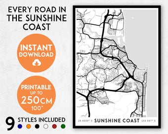 Sunshine Coast map print, Printable Sunshine Coast map art, Sunshine Coast print, Australia map, Queensland map print, Sunshine Coast poster