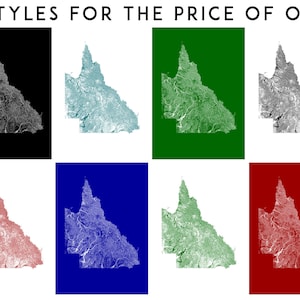 May include: Nine different styles of a map of Queensland, Australia. The map is shown in black and white, blue, green, red, and various shades of gray. The text "9 STYLES FOR THE PRICE OF ONE!" is at the top of the image.