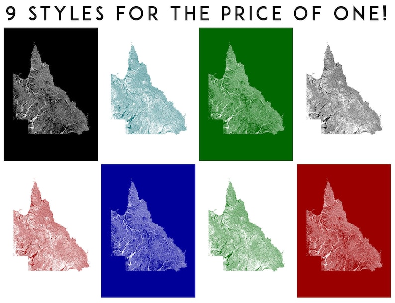 May include: Nine different styles of a map of Queensland, Australia. The map is shown in black and white, blue, green, red, and various shades of gray. The text "9 STYLES FOR THE PRICE OF ONE!" is at the top of the image.