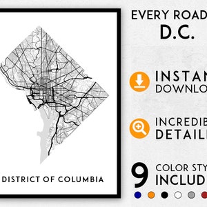 Wegen van DC-kaartkunst, afdrukbare DC-poster, District of Columbia-kaart, kaart van DC afdrukken, Washington-kaart, Washington-afdruk, afdrukbare posterkaart