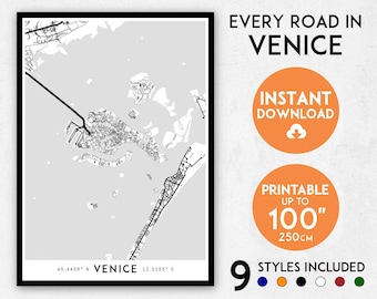 Kunstdruk stadskaart Venetië: gedetailleerde muurkunst Italië (digitale download)