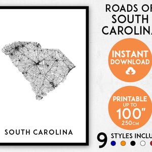 South Carolina Road Map Art Print: Detailed USA Wall Art (Digital Download)