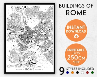 Rome City Map Print: Detailed Building Silhouettes (Digital Download)