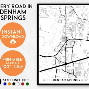 Impression de carte de Denham Springs, art de la carte imprimable de Denham Springs, impression de Denham Springs, carte de la Louisiane, art de Denham Springs, affiche de Denham Springs