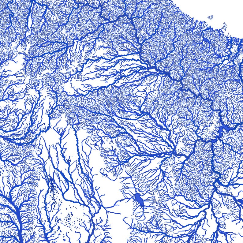 May include: A blue and white abstract art print featuring a detailed illustration of a river system. The print shows a network of rivers and streams branching out from a central point.