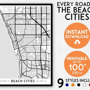 Impresión de mapas de ciudades playeras, impresión de ciudades playeras, mapa de Los Ángeles, mapa de Los Ángeles, impresión de Los Ángeles, mapa de Redondo Beach, mapa de Hermosa Beach, mapa de Manhattan Beach