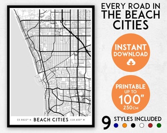 Beach Cities map print, Beach Cities print, Los Angeles map, LA map, LA print,  Redondo Beach map, Hermosa Beach map, Manhattan Beach map