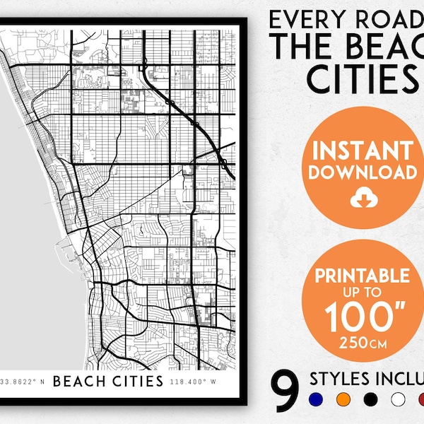 Beach Cities map print, Beach Cities print, Los Angeles map, LA map, LA print,  Redondo Beach map, Hermosa Beach map, Manhattan Beach map