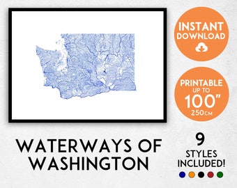 Washington Rivers Map Print: Detailed Waterways Art (Digital Download)