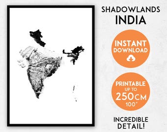 Shadowlands India map print, India print, India poster, India wall art, Map of India, India art print, India map poster, India gift