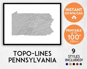 Topo-lines Pennsylvania map print, Pennsylvania print, Pennsylvania poster, Pennsylvania wall art, Minimalist map of Pennsylvania, PA map