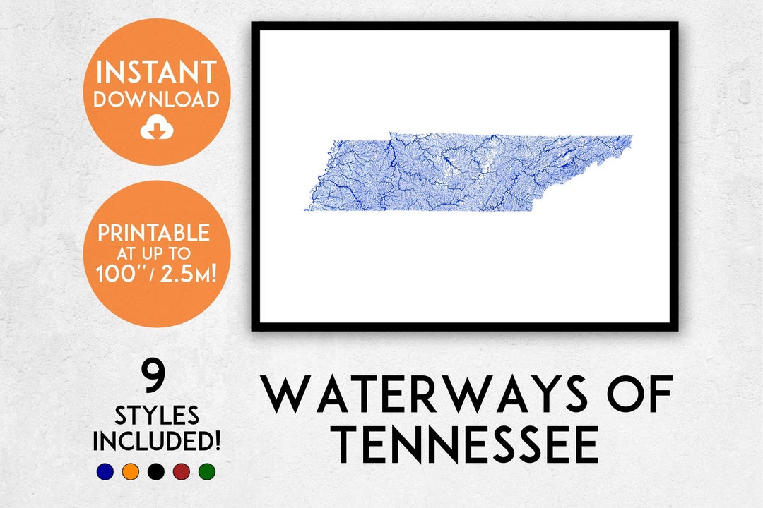 Tennessee Rivers Map Art Print: Detailed Waterways (digital Download ...
