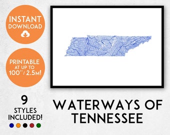 Mapa rzek Tennessee – wydruk artystyczny: szczegółowe szlaki wodne (pobranie cyfrowe)