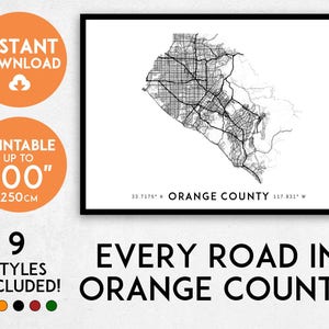 Impression de carte du comté d'Orange, art de la carte imprimable du comté d'Orange, carte d'OC, carte de Los Angeles, impression du comté d'Orange, carte de la Californie, affiche du comté d'Orange