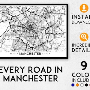 Manchester Karte Druck, Manchester Druck, Manchester Stadtplan, Karte von Manchester, Poster von England, Wandkunst von Manchester, Karte von Manchester, England