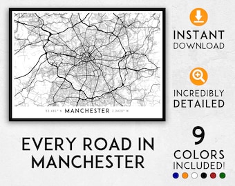 Manchester map print, Manchester print, Manchester city map, UK map, Manchester poster, Manchester wall art, Map of Manchester, England map