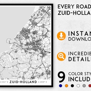 Zuid-Holland Karte Druck, Süd-Holland Karte, Zuid-Holland Karte, Rotterdam Karte, Karte von Holland, Karte von Holland