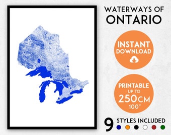 Stampa artistica della mappa delle vie navigabili dell'Ontario: disegno dettagliato del fiume (download digitale)