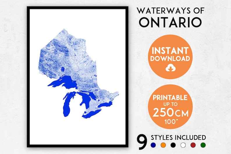 Peut inclure: Une carte bleue et blanche des voies navigables de l'Ontario, Canada. La carte est encadr&eacute;e d'un cadre noir et est disponible en t&eacute;l&eacute;chargement instantan&eacute;. La carte est imprimable jusqu'&agrave; 250 cm.