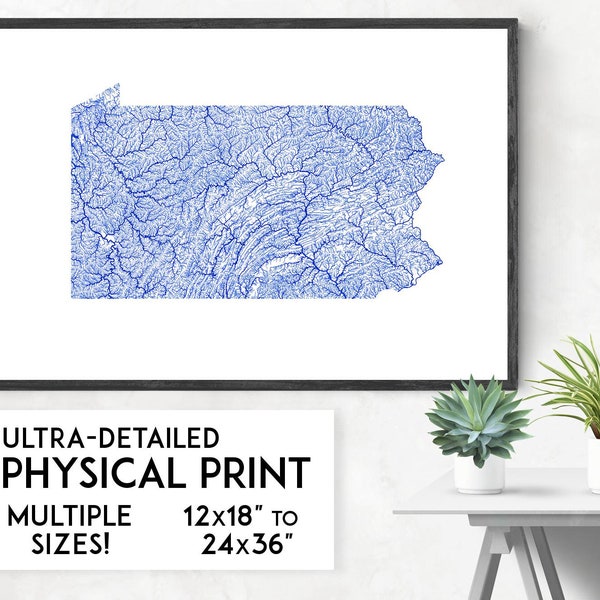 Waterways of Pennsylvania map poster, Pennsylvania print, Pennsylvania map print, USA print, Pennsylvania art map, Pennsylvania poster