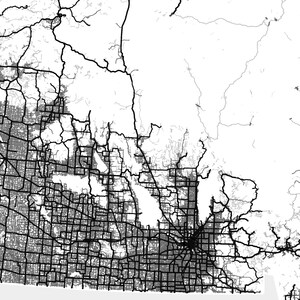 May include: Black and white map of a city with a grid pattern of streets and roads. The map shows a large urban area with surrounding suburbs and rural areas.