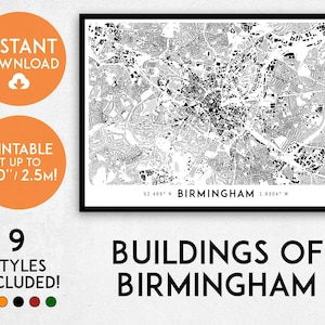 Impresión de mapa de Birmingham, arte de mapa de Birmingham imprimible, impresión de Birmingham, arte de Birmingham, póster de Birmingham, arte de pared de Birmingham, impresión de mapa del Reino Unido