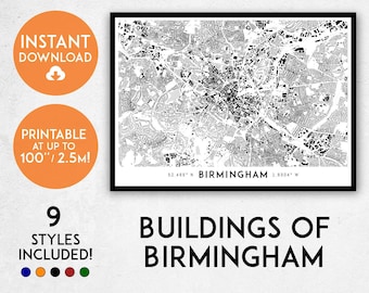 Birmingham Map Print: Detailed Building Silhouettes (Digital Download)