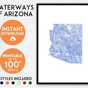 Arizona map print, Printable Arizona map art, Arizona print, USA map, Arizona art, Arizona poster, Arizona wall art, Arizona gift, River map