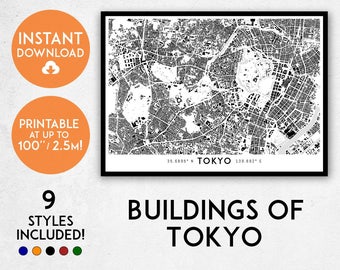 Impresión del mapa de Tokio: Edificios detallados del arte japonés (descarga digital)