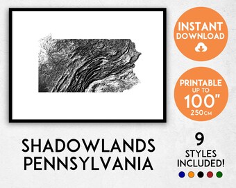 Shadowlands Pennsylvania map print, Pennsylvania print, USA map, Pennsylvania poster, Pennsylvania wall art, Map of Pennsylvania, PA map