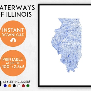 Impression de carte de l'Illinois, art de la carte imprimable de l'Illinois, impression de l'Illinois, carte des Etats-Unis, art de l'Illinois, affiche de l'Illinois, art mural de l'Illinois, rivières de l'Illinois