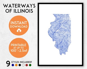 Illinois map print, Printable Illinois map art, Illinois print, USA map, Illinois art, Illinois poster, Illinois wall art, Illinois rivers