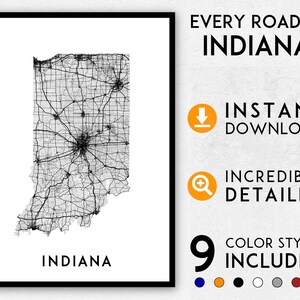 Impresión artística detallada del mapa de carreteras de Indiana: Arte mural minimalista de EE. UU. (Descarga digital)