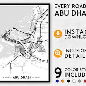 Könnte beinhalten: Eine Schwarzweißkarte von Abu Dhabi, Vereinigte Arabische Emirate, mit dem Text "Every Road in Abu Dhabi" und "Sofortiger Download" und "Unglaublich detailliert" und "9 Farbstile enthalten".