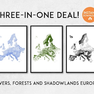 Drei in Einem! Flüsse, Wälder & Schattenländer Europa Karte | Europa Druck, Europa Poster, Europa Wandbild, Karte von Europa, Europa Print zum ausdrucken
