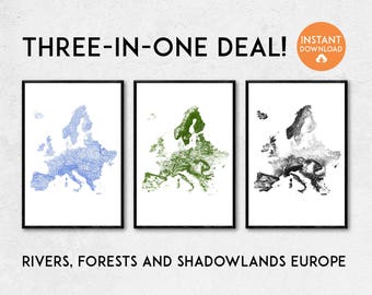 Three-in-one! Rivers, Forests & Shadowlands Europe map | Printable Europe print, Europe art, Europe poster, Europe wall art, Map of Europe