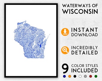 Wisconsin map print, Wisconsin print, Wisconsin river map, Wisconsin poster, Wisconsin wall art, Map of Wisconsin, Wisconsin art print