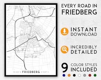 Friedberg map print, Friedberg print, Friedberg city map, Friedberg poster, Friedberg wall art, Map of Friedberg, Friedberg art print