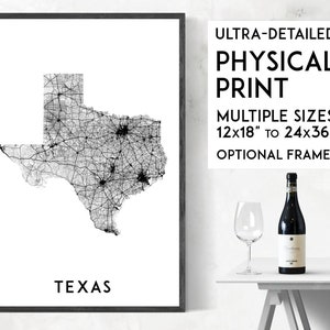 Affiche de carte des routes du Texas, impression du Texas, impression de carte du Texas, affiche du Texas, art mural du Texas, impression d'art du Texas, carte du Texas, carte de l'état du Texas